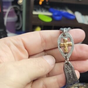 Silver Tone Gold Tone Spoon Handle & Cross 6" Bracelet Handmade
